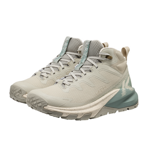 Outdoors Oriented Keen Targhee Apex Mid WP women's hiking boots in beige and sage green with waterproof mesh upper.
