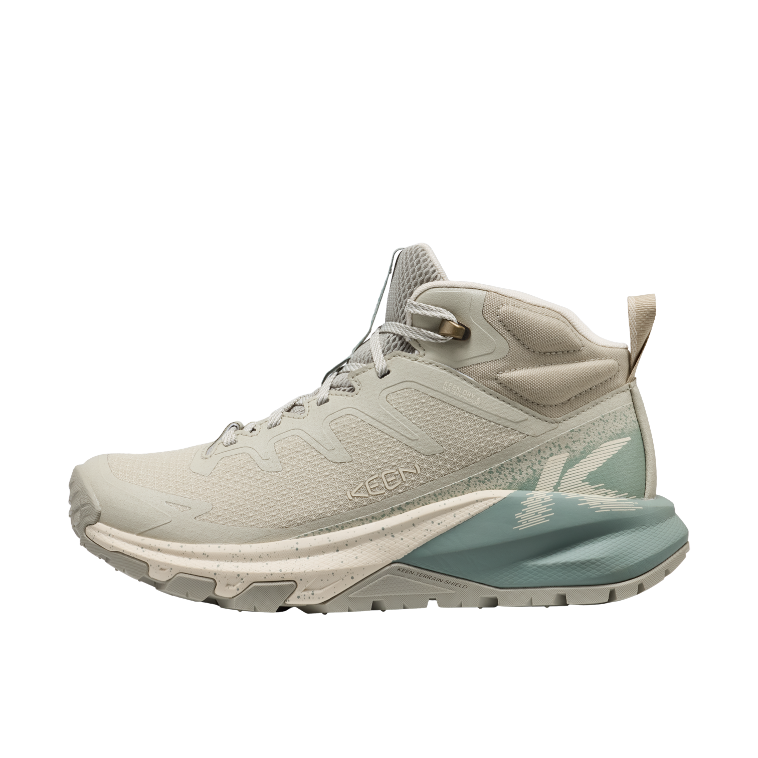 Outdoors Oriented Keen Targhee Apex Mid WP women's waterproof hiking boot in light beige and sage green