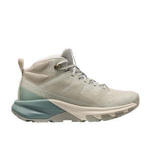 Outdoors Oriented Keen Targhee Apex Mid WP women's hiking boot in beige and sage green with a performance mesh upper.
