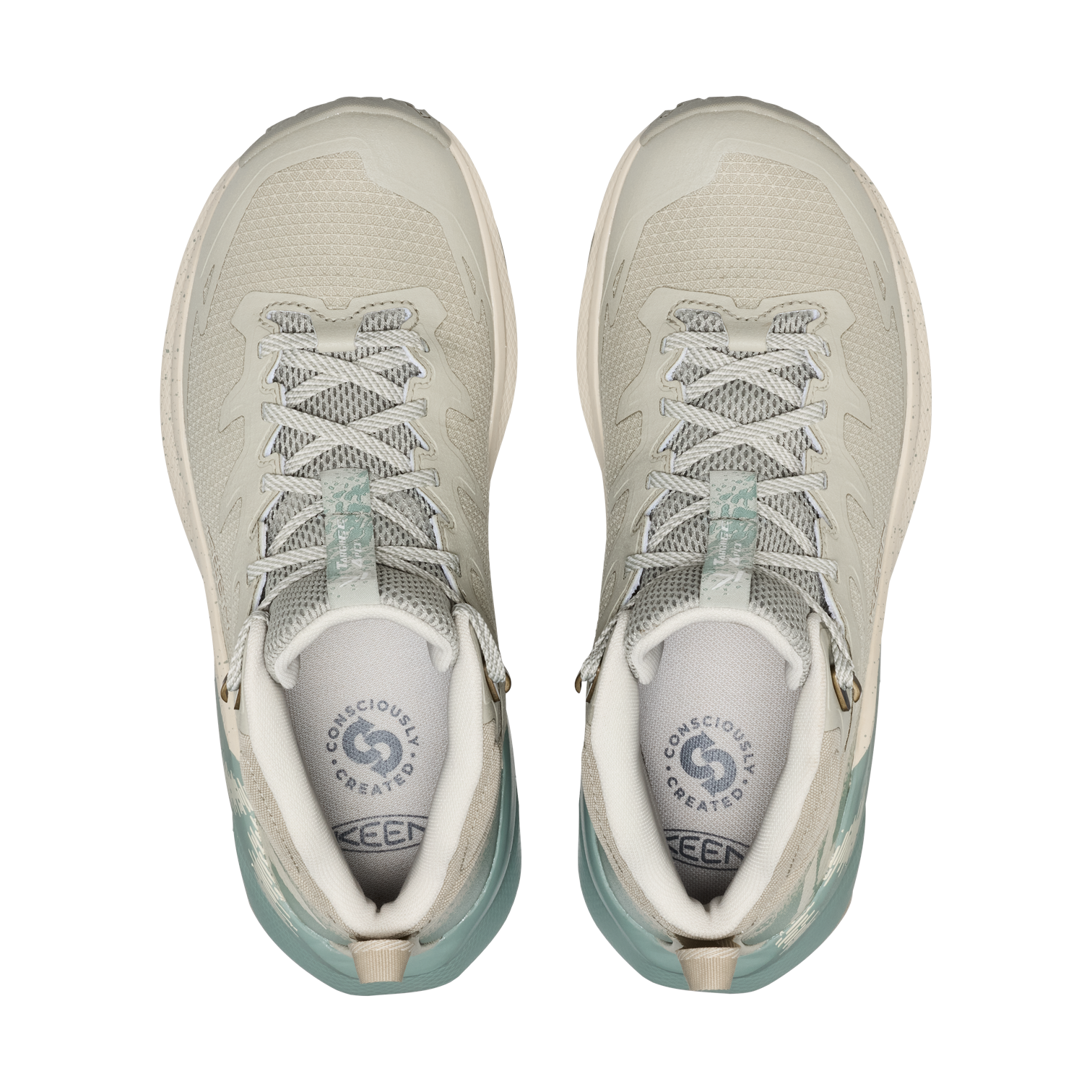 Outdoors Oriented Keen Targhee Apex Mid WP women's hiking boots in beige and sage green with a mesh upper.