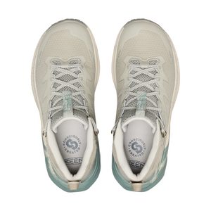 Outdoors Oriented Keen Targhee Apex Mid WP women's hiking boots in beige and sage green with a mesh upper.