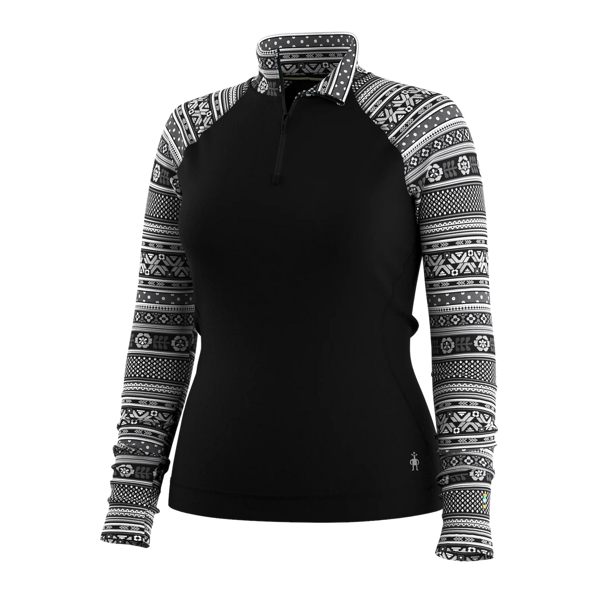 Outdoors Oriented Smartwool women's black merino wool base layer with patterned raglan sleeves and a quarter-zip neck.