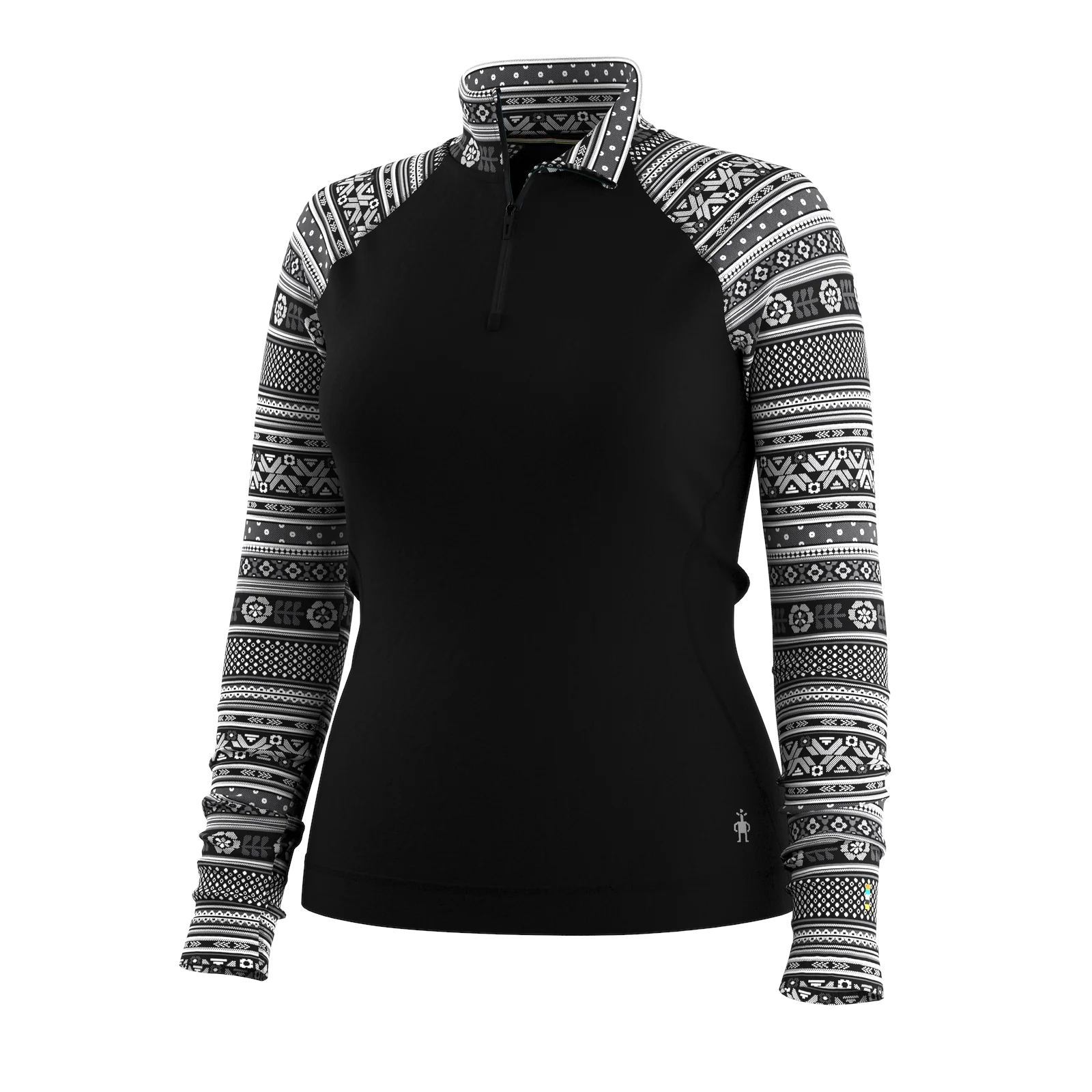 Outdoors Oriented Smartwool women's black merino wool base layer with patterned raglan sleeves and a quarter-zip neck.