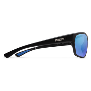 Outdoors Oriented Suncloud Boone polarized sunglasses with black bio-based frames and reflective blue lenses, side view