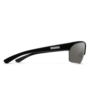 Outdoors Oriented Suncloud Rival polarized sunglasses with black semi-rimless frame and grey lens, side view.