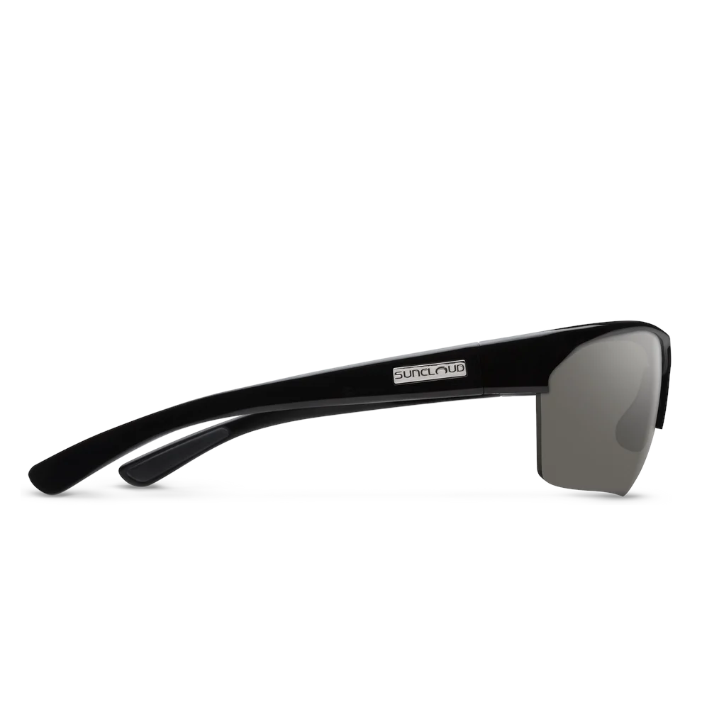 Outdoors Oriented Suncloud Rival polarized sunglasses with black semi-rimless frame and grey lens, side view.