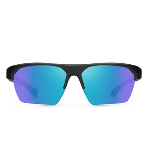 Outdoors Oriented Suncloud Rival polarized sunglasses featuring a black semi-rimless frame and blue mirror lenses.