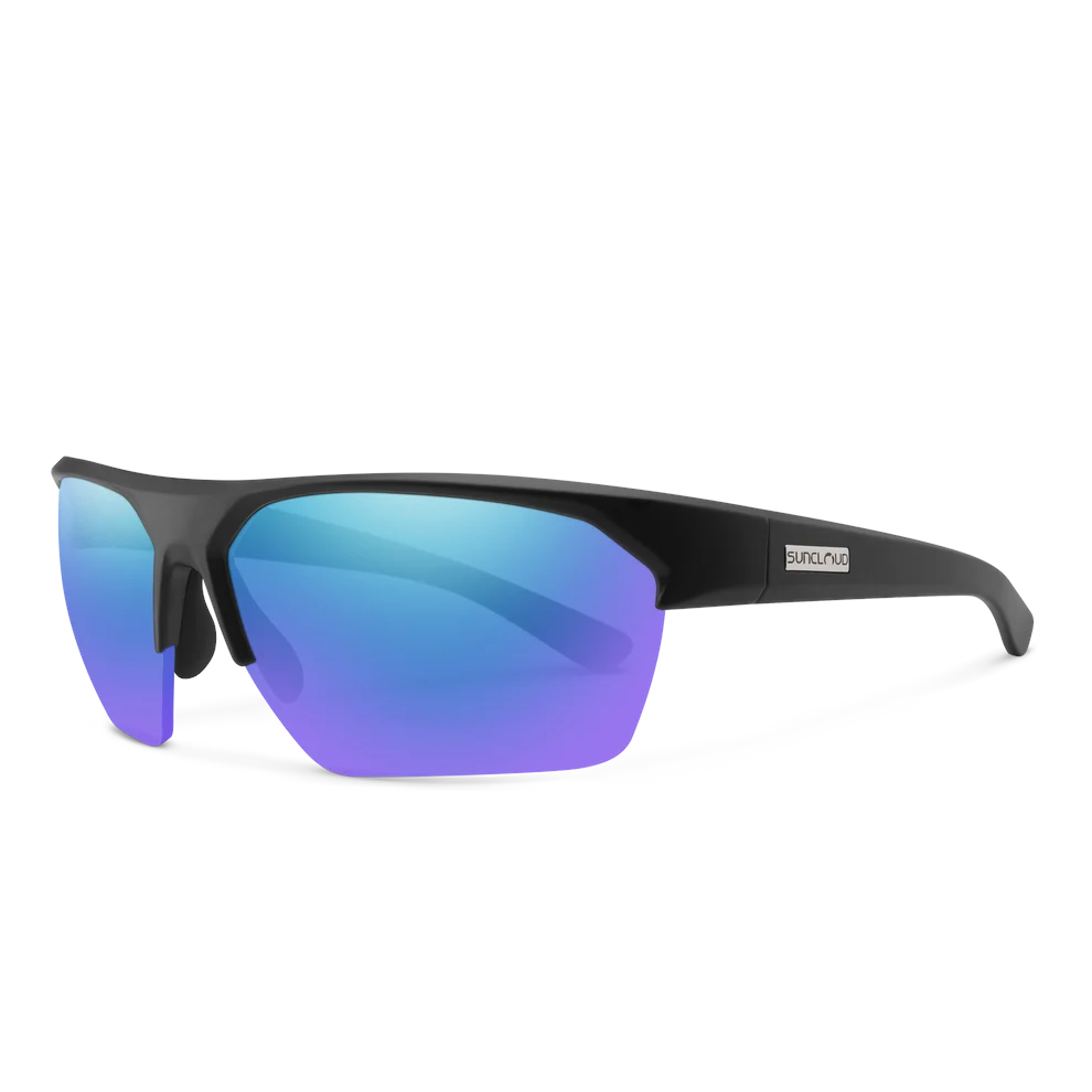 Outdoors Oriented Suncloud Rival polarized sunglasses with a black semi-rimless frame and blue mirror lenses.