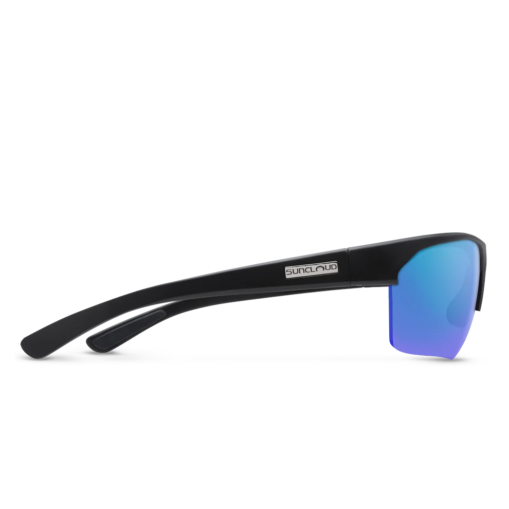 Outdoors Oriented Suncloud Rival sunglasses with black semi-rimless frames and polarized blue mirror lenses