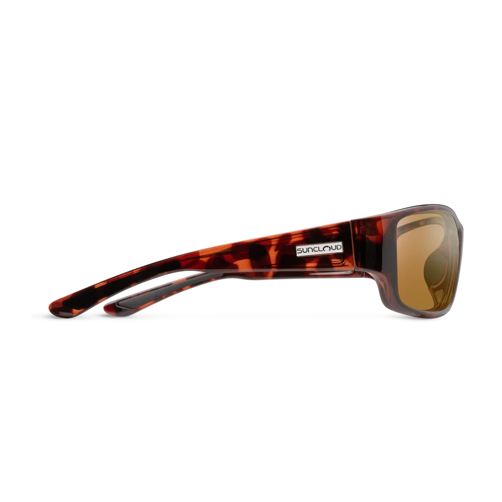 Outdoors Oriented Suncloud Hull polarized sunglasses with a tortoise shell frame and brown lenses, side view.