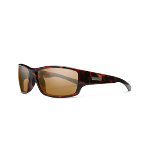 Outdoors Oriented Suncloud Hull polarized sunglasses with a tortoise shell frame and brown lenses in a wrap style.