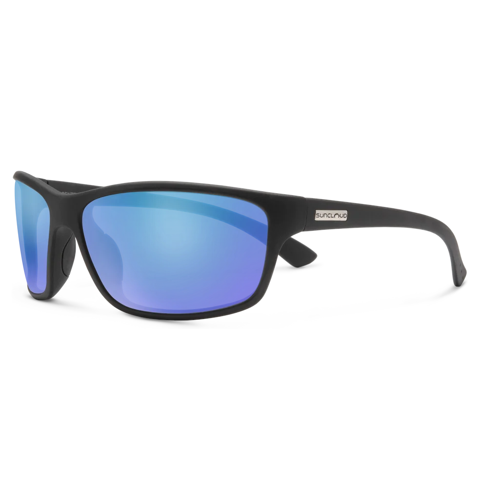 Outdoors Oriented Suncloud Sentry polarized sunglasses with matte black TR90 frames and reflective blue lenses
