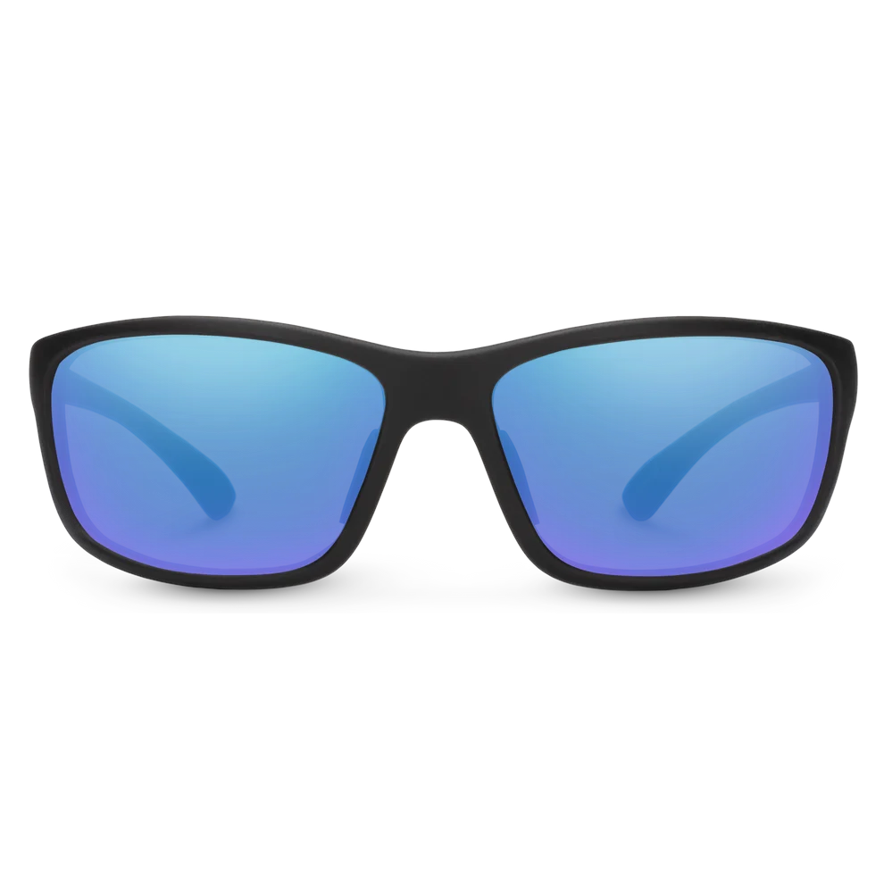 Outdoors Oriented Suncloud Sentry polarized sunglasses with matte black frames and reflective blue lenses