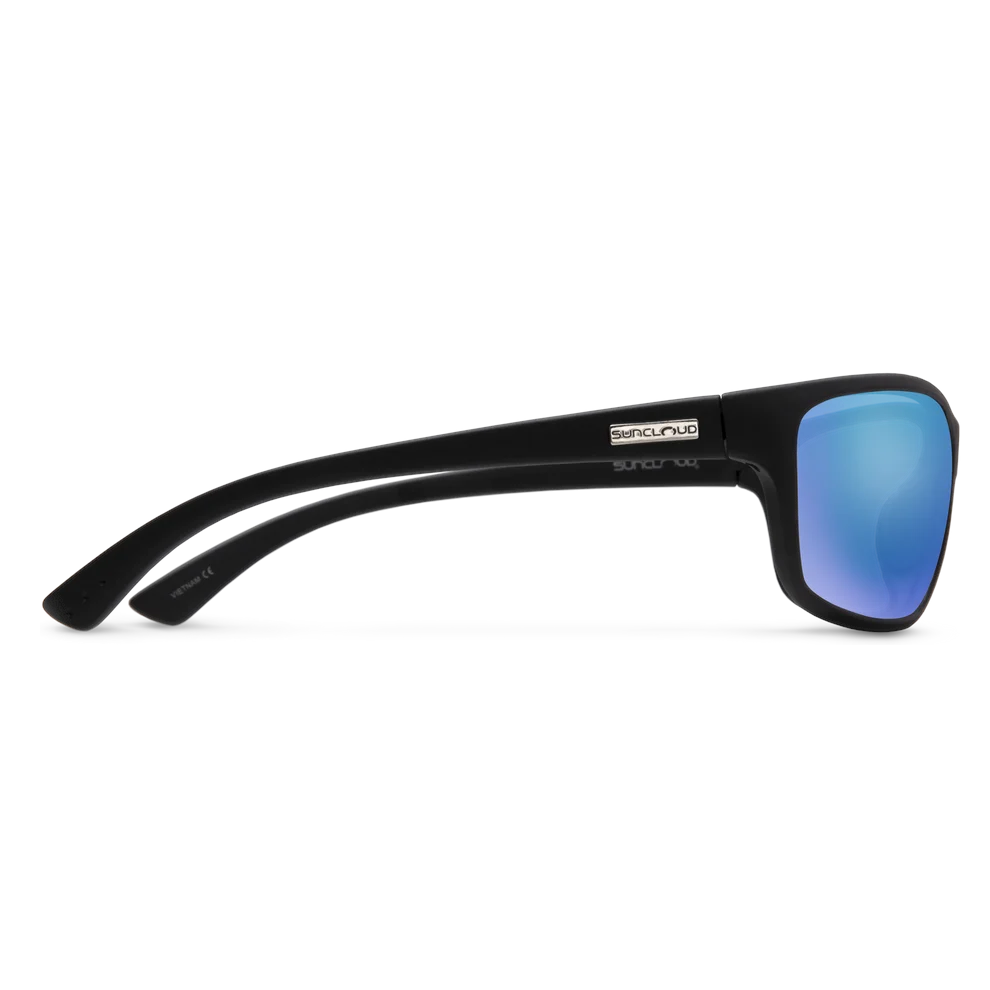 Outdoors Oriented Suncloud Sentry polarized sunglasses with matte black frame and reflective blue lenses, side view.